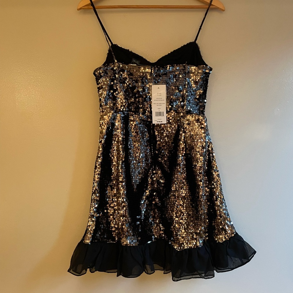 French Connection metallic antique gold blck embellished sequin ruffle NWT HP 6 - Picture 5 of 17